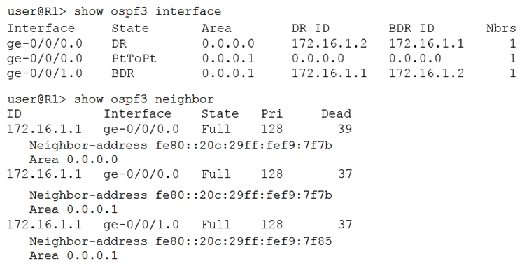 <strong> Referring to the exhibit, which OSPFv3 configuration is implemented on router R1?</strong> A) set protocols ospf3 area 0.0.0.0 interface ge-0/0/0.0 set protocols ospf3 area 0.0.0.1 interface ge-0/0/1.0 set protocols ospf3 area 0.0.0.1 interface ge-0/0/0.0 B) set protocols ospf3 area 0.0.0.1 virtual-link neighbor-id 172.16.1.2 C) set protocols ospf3 area 0.0.0.1 interface ge-0/0/0.0 secondary D) set protocols ospf3 area 0.0.0.1 interface ge-0/0/0.0 interface-type p2p