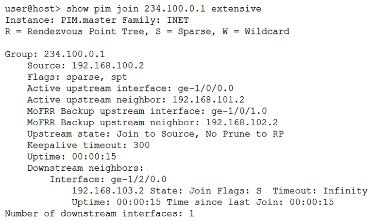 <strong> Which three statements are true about the show pim join output shown in the exhibit? (Choose three.)</strong> A) This is a source-specific multicast stream. B) The multicast receiver is still using the RP to receive the stream. C) The multicast stream has been configured with a backup path to allow for fast reroute. D) The multicast stream does not have an RP. E) The shortest path to the source is through the RP.