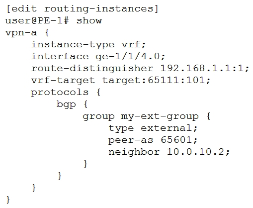 You have an established Layer 3 VPN between two PE devices. You are asked to only send certain routes from PE-1 over the VPN to the remote site while maintaining all the routes on the PE-1 device. You created a policy that matches the specific routes and then tags these routes with the appropriate target community values. In this scenario, which configuration changes must be made to satisfy the requirement?