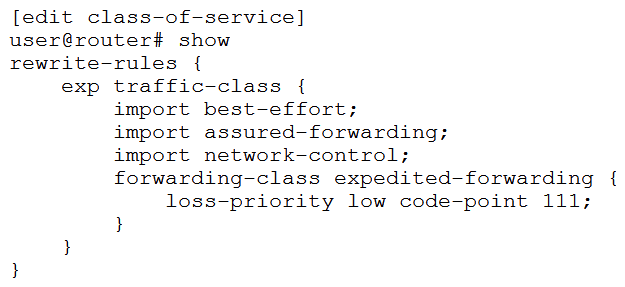 <strong> Your router should be configured with a rewrite rule which alters the default behavior of expedited forwarding as shown in the exhibit. In this scenario, which configuration is correct?</strong> A) B) C) D)