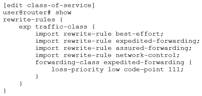 <strong> Your router should be configured with a rewrite rule which alters the default behavior of expedited forwarding as shown in the exhibit. In this scenario, which configuration is correct?</strong> A) B) C) D)