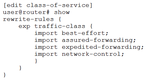<strong> Your router should be configured with a rewrite rule which alters the default behavior of expedited forwarding as shown in the exhibit. In this scenario, which configuration is correct?</strong> A) B) C) D)