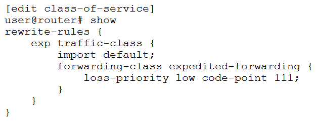 <strong> Your router should be configured with a rewrite rule which alters the default behavior of expedited forwarding as shown in the exhibit. In this scenario, which configuration is correct?</strong> A) B) C) D)