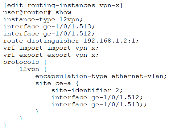 <strong> You have the Layer 2 VPN configuration shown in the exhibit. You are asked to determine the remote site ID for ge-1/0/1.512. In this scenario, what is the remote site ID?</strong> A) 4 B) 5 C) 1 D) 3