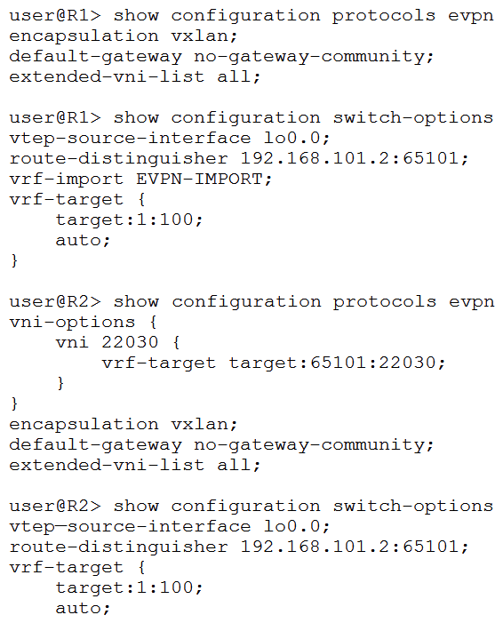 You are using EVPN to provide Layer 2 stretched VLANs between two sites. You notice that the MAC addresses in either site are not showing up on the remote site. Referring to the exhibit, what are two ways to solve this problem? (Choose two.)