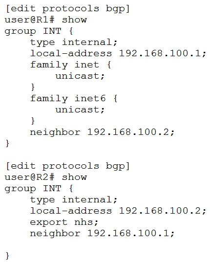 <strong> Referring to the exhibit, which statement is true?</strong> A) The BGP session between R1 and R2 will establish correctly and only the inet6 unicast NLRI will pass routing information. B) The BGP session between R1 and R2 will fail to establish correctly due to an NLRI mismatch. C) The BGP session between R1 and R2 will establish correctly and the inet unicast and the inet6 unicast NLRIs will pass routing information. D) The BGP session between R1 and R2 will establish correctly and only the inet unicast NLRI will pass routing information.