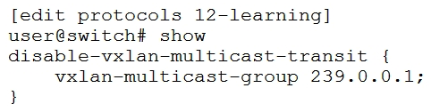 <strong>What is the purpose of the command shown in the exhibit? </strong> A) to stop the transmission of transit multicast traffic when there are no interested receivers attached to a remote VTEP. B) to disallow IGMP requests for the group 239.0.0.1 from hosts attached to the local VTEP. C) to disable the multicast group 239.0.0.1 across the entire VXLAN. D) to stop the reception of transit multicast traffic when there are no interested receivers attached to the local VTEP.