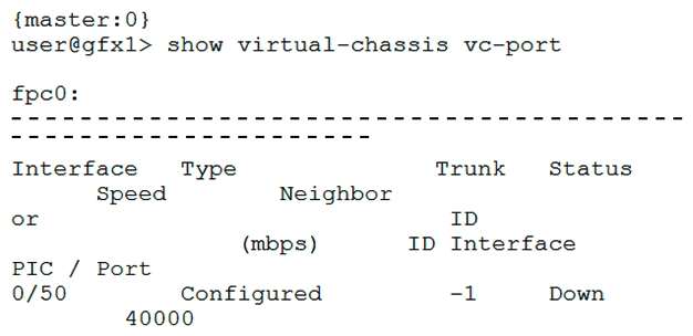 <strong>Referring to the exhibit, what would cause the problem on VCP 0/50? </strong> A) The VCP has been disabled through configuration. B) The remote side is not configured as a VCP. C) VCP 0/50 is configured as a network port. D) The port is missing the interface hardware.