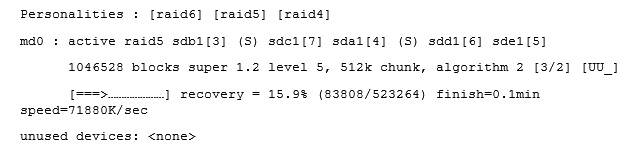 <strong>What information is found in the following excerpt from the file /proc/mdstat ?  </strong> A) One of the disks in /dev/md0 has failed and a spare disk is used to recreate full redundancy B) The spare disk /dev/sda1 is used to restore full redundancy after the current recovery C) The information [UU_] means, that the raid is missing one disk and is not fully redundant D) The device is using version 1.2 metadata to allow LILO and GRUB Legacy to use /dev/md0 as the boot partition. This would not have been necessary with GRUB2 E) The information [3/2] means that 3 RAID disks belong to the array and 2 disks are spare. Together they equal the number of available disks <div style=padding-top: 35px> 
