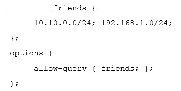 <strong>What word is missing from the following excerpt of a named.conf file? </strong> A) networks B) net C) list D) acl E) group