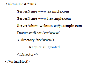 <strong>The following Apache HTTPD configuration has been set up to create a virtual host available at www.example.com and www2.example.com: Even though Apache HTTPD correctly processed the configuration file, requests to both names are not handled correctly. What should be changed in order to ensure correct operations?</strong> A) The configuration must be split into two VirtualHost sections since each virtual host may only have one name. The configuration must be split into two VirtualHost sections since each virtual host may only have one name. B) The port mentioned in opening VirtualHost tag has to be appended to the ServerName declaration's values. The port mentioned in opening tag has to be appended to the ServerName declaration's values. C) Both virtual host names have to be placed as comma separated values in one ServerName declaration. Both virtual host names have to be placed as comma separated values in one declaration. D) Both virtual host names have to be mentioned in the opening VirtualHost tag. Both virtual host names have to be mentioned in the opening tag. E) Only one Server name declaration may exist, but additional names can be declared in ServerAlias options. Only one Server name declaration may exist, but additional names can be declared in ServerAlias options.