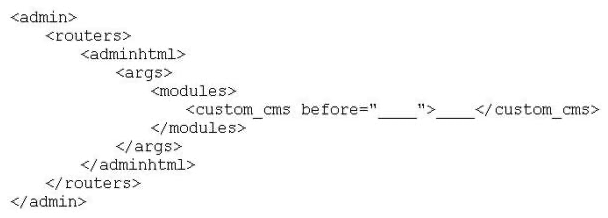 <strong>A valid way to extend Mage_Adminhtml_Cms_PageController with the Acme_Cms_Adminhtml PageController class would be to set the following configuration; Which of the following code pairs should be inserted in the blank spots in the code shown above?</strong> A) Mage_Adminhtml, Acme_Cms_Adminhtml B) Mage_Adminhtml, Acme_Cms_Adminhtml_PageController C) Mage_Adminhtml_Cms_PageController, Acme_Cms_Adminhtml D) Mage_Adminhtml_Cms_PageConttroller, Acme_Cms_Adminhtml_PageController