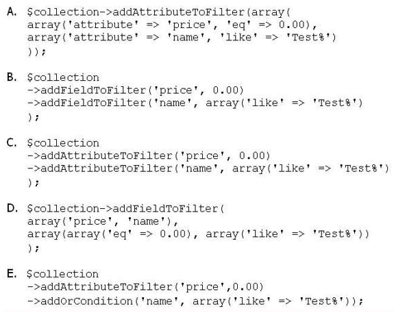 <strong>You have a product collection and want to add a filter to get all products whose name starts with Test or whose price is 0.00. Which of the following statements would add that OR condition? </strong> A) Option A B) Option B C) Option C D) Option D
