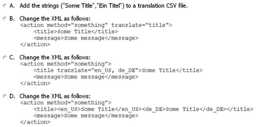 <strong>Given the layout XML example below, which one of the following actions will cause the title, Some Title, to be translated by Magento? EXAMPLE: </strong> A) Option A B) Option B C) Option C D) Option D