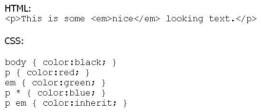 <strong>Given the following HTML and CSS, what color will the word nice be: </strong> A) Black B) Blue C) Green D) Red