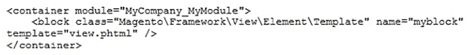 <strong>You want to declare a block of the type \Magento\Framework\View\Element\Template with a template named view.phtml in the layout XML. What is the correct layout declaration for this?</strong> A)   B)   C)   D)   <div style=padding-top: 35px> 