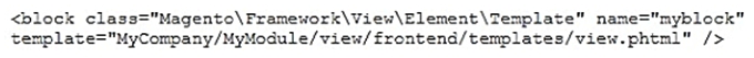 <strong>You want to declare a block of the type \Magento\Framework\View\Element\Template with a template named view.phtml in the layout XML. What is the correct layout declaration for this?</strong> A)   B)   C)   D)   <div style=padding-top: 35px> 