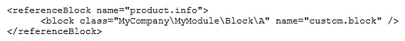 <strong>How do you set the custom block MyCompany\MyModule\Block\A as a child for the block named product.info using layout XML?</strong> A)   B)   C)   D)   <div style=padding-top: 35px> 