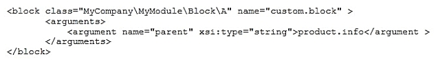 <strong>How do you set the custom block MyCompany\MyModule\Block\A as a child for the block named product.info using layout XML?</strong> A)   B)   C)   D)   <div style=padding-top: 35px> 