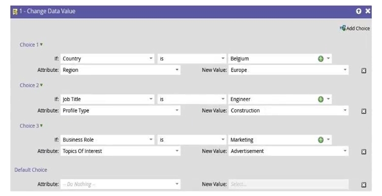 <strong>A marketer has created a Smart Campaign with the Flow displayed in the screenshot: Which attribute(s) will be updated if a Lead is running through the Flow and all Choices except the Default Choice would match?</strong> A) The attribute 'Topics of Interest' will be updated. 'Region' & 'Profile Type' won't get an update. B) All attributes will be updated. C) The attribute 'Region' will be updated. 'Profile Type' & 'Topics of Interest' won't get an update. D) The attribute 'Profile Type' will be updated. 'Region' & 'Topics of Interest' won't get an update.