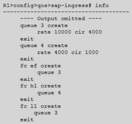 An IOM3 card of a Nokia7750 SR is enabled with the default scheduler and the policy shown in the image is applied to an access port on this card. In which order will packets be scheduled out of the queues?