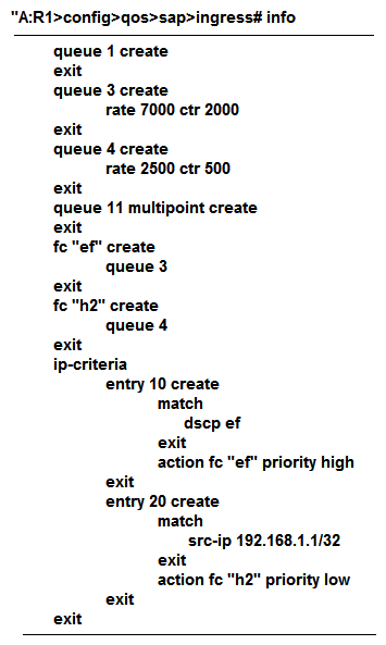In the image shown above, the SAP-ingress policy is applied properly to a Nokia 7750 SR. A packet is received from an IP address of 192.168.2.2 with DSCP set to AF. Which forwarding class and priority level is assigned to this packet?