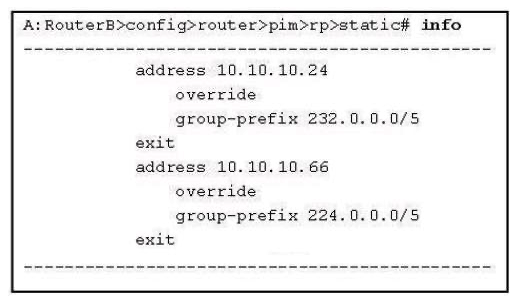 <strong>Refer to the configuration exhibit. Which of the following statements is true?</strong> A) 2 static RP's cannot be configured on the same device B) 10.10.10.24 will be RP for 230.1.1.1 and 10.10.10.66 will be RP for 234.1.1.1 C) 10.10.10.24 will be RP for 234.1.1.1 and 10.10.10.66 will be RP for 230.1.1.1 D) 2 static RP's both with override cannot be configured on the same device