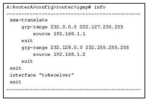 <strong>Refer to the configuration exhibit. What will happen when this router receives an IGMPv3 exclude none report for group 232.1.1.1?</strong> A) The router will propagate a (*, 239.1.1.1) join towards RP if it exists B) The router will randomly pick a source from 192.168.1.1 and 192.168.1.2 and send an (S, G)join towards the source C) The IGMPv3 report will be dropped and a log about misconfiguration will be generated D) The router will send a PIM (192.168.1.1,232.1.1.1) Join