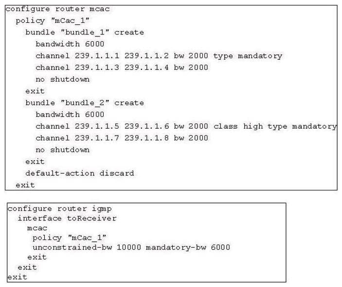 <strong>Refer to the configuration exhibit. Channel 239.1.1.11239.1.1.2, 239.1.1.3 and 239.1.1.5 have already been established. What will happen when this router receives a IGMP report to join group 239.1.1.6?</strong> A) The router will tear down channel 239.1.1.3 as it's non-mandatory and establish a new channel for 239.1.1.6 B) The router will tear down either channel 239.1.1.1 or 239.1.1.2 as they are low class and establish a new channel for 239.1.1.6 C) No existing channel will be torn down and the new channel for 239.1.1.6 will be established as there is enough resource D) The new channel 239.1.1.6 won't be established and a log will be generated