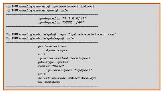 <strong>Based on the information shown in the exhibit, which of the following is TRUE when the PGW receives a Create Session Request with the PDNTYPE set to IPv4? </strong> A) The PGW tries to allocate an IP address from the subnet 5.5.0.0/16 and assigns it to the UE. B) The PGW tries to allocate an IP address from the subnet 3FFE::/48 and assigns it to the UE. C) The Create Session Request is rejected by the PGW. D) There is insufficient information to answer this question.