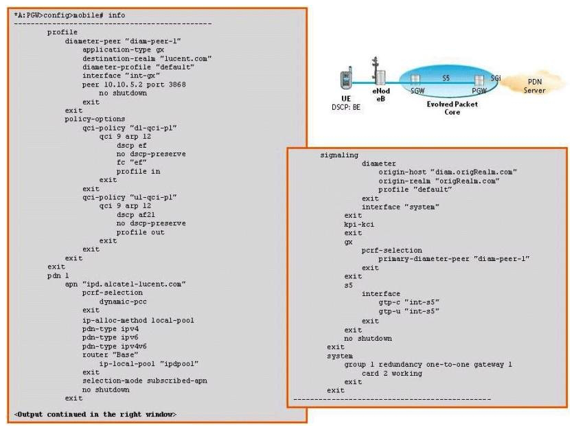 <strong>A UE is sending best-effort (BE) IP traffic to a PDN server over the EPC core. Based on the information shown in the exhibit, what is the DSCP value of traffic egressing the SGi interface of the PGW to the PDN server? </strong> A) BE B) EF C) AF21 D) NC E) None of the above answers are correct.