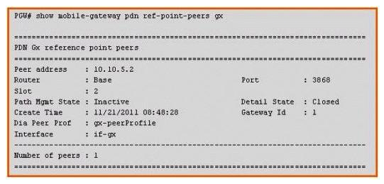 <strong>Based on the information shown in the exhibit, which of the following statements is FALSE? </strong> A) Gx commands are not being exchanged with the PCRF peer. B) EPS bearers can be successfully established to this PGW. C) The TCP connection to the PCRF peer is not established. D) Watchdog messages are not being exchanged with the PCRF peer. E) None of the above statements are false.