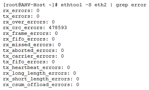 <strong>An administrator receives an alert in Prism indicating that interface eth2, on an AHV host is receiving many CRC errors. After togging into the problematic host, the following command is run to show the indicated output:   What is causing this issue?</strong> A) Incorrect link speeds on the switch B) The interface is incorrectly configured with Jumbo Frames C) A misconfigured bond D) A physical layer network problem <div style=padding-top: 35px> 