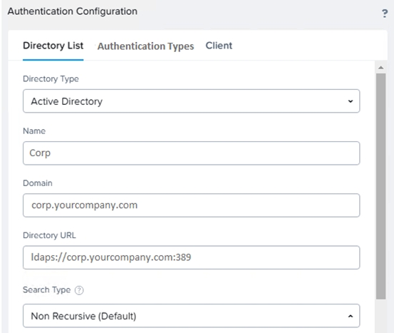 <strong>Refer to the exhibit.   An administrator configures Active Directory authentication as shown in the exhibit. Upon finishing setup, users are not able to log in. What configuration change should be made to fix this issue?</strong> A) Change leaps to https B) Change the Directory URL to use an IP rather than a name C) Change the plct from 389 to 636 D) Change the Domain to use an IP rather than a name <div style=padding-top: 35px> 