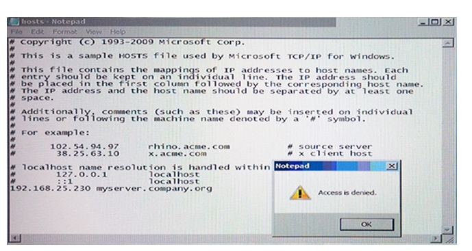 <strong>Why is Notepad unable to save the changes to the file in the image below? </strong> A) SONAR High Risk detection is set to Block B) SONAR is set to block host file modifications. C) Tamper Protection is preventing Notepad from modifying the host file. D) System Lockdown is enabled.