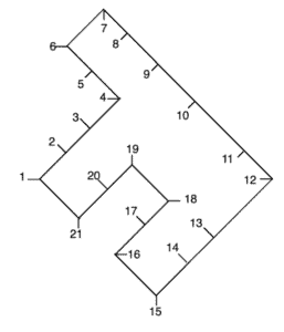 A line can be drawn which divides the following figure into two separate parts. These two parts could then fit together to make a square. Which two numbers would you connect to make this line? (Enter your answer with the two numbers you selected separated by a dash, e.g. n-n)