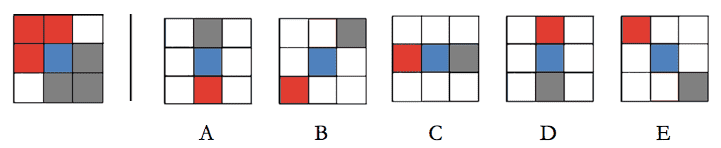 <strong>Which THREE choices are needed to create the figure on the left? Only pieces of the same color may overlap. </strong> A)C B)B C)D D)A E)E