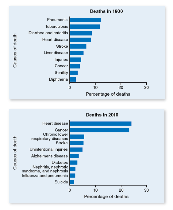 As shown in the graphs below, the proportion of deaths due to cancer and heart disease in the United States today is much higher than it was in 1900. Explain the factors that most likely contribute to this difference.