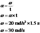 To solve this problem, first convert the given angular acceleration (? = 20 rad/s 2 ) into an angular velocity (?). Remember that the relationships between angular kinematic quantities and linear kinematic quantities are the same, so angular acceleration is just angular velocity over time (t): So the angular velocity is 30 rad/s. Next, use the equation relating angular and linear velocity,v = r?, where v is linear velocity, r is the radius of rotation (0.75 m), and ? is the angular velocity, to find what the linear velocity of the stone is after it leaves the sling: So, after leaving the sling, David's stone will travel toward Goliath with a linear velocity of 22.5 m/s.