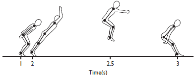 Calculate the following quantities for the diagram shown below: a. The angular velocity at the hip over each time interval b. The angular velocity at the knee over each time interval Would it provide meaningful information to calculate the average angular velocities at the hip and knee for the movement shown? Provide a rationale for your answer.