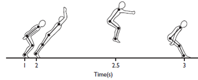 Calculate the following quantities for the diagram shown below: a. The angular velocity at the hip over each time interval b. The angular velocity at the knee over each time interval Would it provide meaningful information to calculate the average angular velocities at the hip and knee for the movement shown? Provide a rationale for your answer..