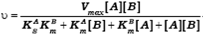 Using graphical methods to derive the kinetic constants for an ordered, single-displacement reaction  The general rate equation for an ordered, single-displacement reaction where A is the leading substrate is      Write the Lineweaver-Burk (double-reciprocal) equivalent of this equation and calculate algebraic expressions for (a) the slope; (b) the y-intercepts; and (c) the horizontal and vertical coordinates of the point of intersection, when 1/v is plotted versus 1/[B] at various fixed concentrations of A.