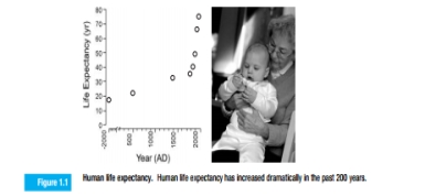 Using only the information provided in Figure 1.1, estimate the following: a. Human life expectancy in the year 1250. b. Human life expectancy in the year 2050.