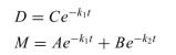 Develop a better model for ingestion of a tracer, which includes two separate systems: one system representing the intestines (call it compartment 1) and another system representing the rest of the body (compartment 2). a. Draw a block diagram showing the two systems with arrows connecting the inputs and outputs in appropriate ways. b. Write a differential equation for the mass balance of tracer in each open system. c. Show that the two equations are satisfied by functions of the form: where M is the amount of tracer in compartment 2 as a function of time, D is the amount of tracer in compartment 1 as a function of time, and A, B, and C are constants.