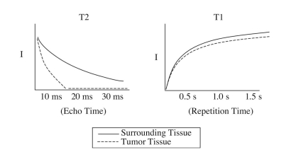 A radiologist has asked for your help determining whether a tumor in his patient has increased in size. He has had difficulty because the relative intensity of the tumor tissue and surrounding tissue are nearly the same; however, he does know the T1 and T2 relaxation rates of both tissue types. From this information, you plot the relaxation curves shown. a. Which (if any or both) of the two plots is useful and why? b. To what would you set the echo or repetition time to maximize contrast (approximately)?
