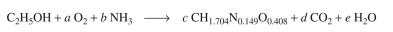 Aerobic growth of S. cerevisiae on ethanol is simply described by the following overall reaction: a. Determine the coefficients a, b, c, and d, where RQ = 0.66. b. Determine the biomass yield coefficient, and oxygen yield coefficient,