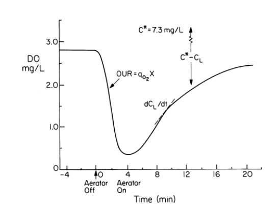Estimate   from Fig. 10.5 if   due to the use of nearly pure oxygen rather than air. Figure 10.5. Example of response of DO in a fermenter when stopping and then restarting air flow. The dynamic method can be used to estimate OUR and kLa  