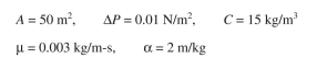 Biomass present in a fermentation broth is to be separated by vacuum filtration. Filter and broth characteristics are given below.    a. If rate of filtration has a constant value of dV/dt = 50 l/min, determine the cake and filter resistances at t = 30 min. b. Determine the filter surface area (A) required to filter 5000 l broth within 60 min with the same pressure drop across the filter.