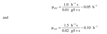 A batch fermenter receives 1 l of medium with 5 g/l of glucose, which is the growth-rate- limiting nutrient for a mixed population of two bacteria (a strain of E. coli and Azotobacter vinelandii). A. vinelandii is five times larger than E. coli. The replication rates for the two or- ganisms are: The yield coefficients are: The inoculum for the fermenter is 0.03 g dw/l of E. coli and 0.15 g dw/l of A. vinelandii cells/ml). What will be the ratio of A. vinelandii to E. coli at the time when all of the glucose is consumed? Example 16.1. Competition of two species for the same growth-rate-limiting substrate is common. Deter- mine when the two organisms may stably coexist if both A and B follow Monod kinetics.