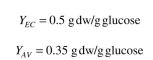 A batch fermenter receives 1 l of medium with 5 g/l of glucose, which is the growth-rate- limiting nutrient for a mixed population of two bacteria (a strain of E. coli and Azotobacter vinelandii). A. vinelandii is five times larger than E. coli. The replication rates for the two or- ganisms are: The yield coefficients are: The inoculum for the fermenter is 0.03 g dw/l of E. coli and 0.15 g dw/l of A. vinelandii cells/ml). What will be the ratio of A. vinelandii to E. coli at the time when all of the glucose is consumed? Example 16.1. Competition of two species for the same growth-rate-limiting substrate is common. Deter- mine when the two organisms may stably coexist if both A and B follow Monod kinetics.